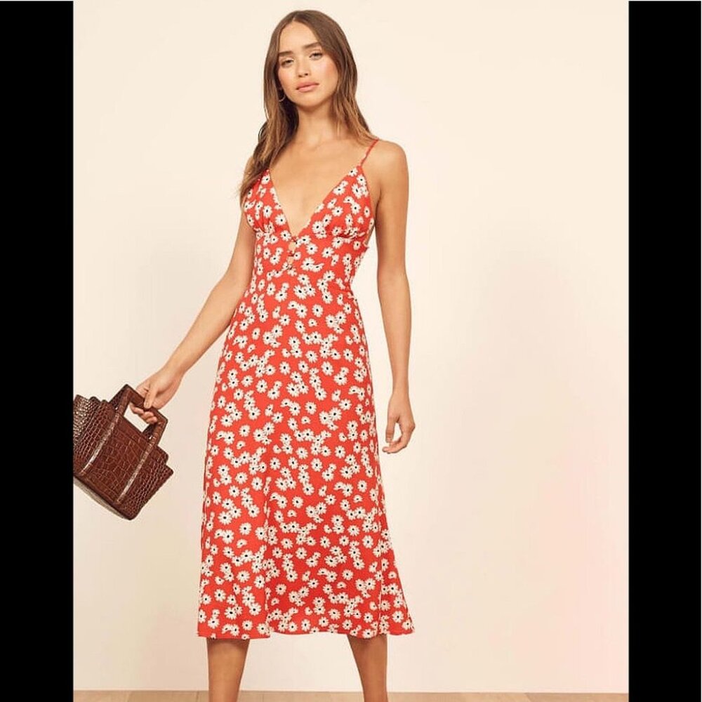 Reformation Montague - Red Daisy / Floral Midi Dress, sz 6 EUC